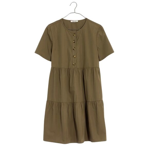 Madewell Button-Front Short-Sleeve Tiered Mini Dress Cotton Poplin Green NWT M - Picture 4 of 9